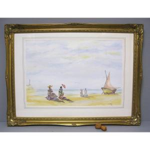 Grande Aquarelle Bord De Mer. Signée. Peintre De La Marine.