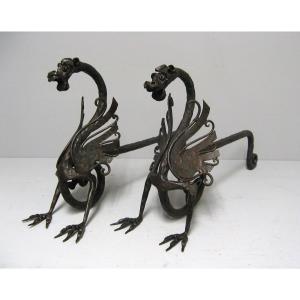 Pair Of Andirons In Wrought Iron Model With Dragons