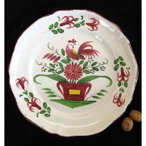 Round Dish 30 Cm In Earthenware From The East, Floral Basket With Rooster.