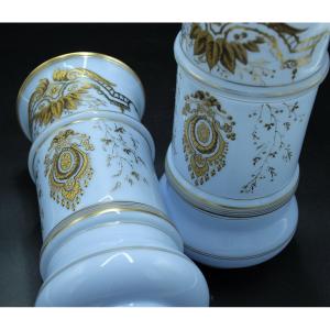 Pair Of Opaline Vases With Gold Decor