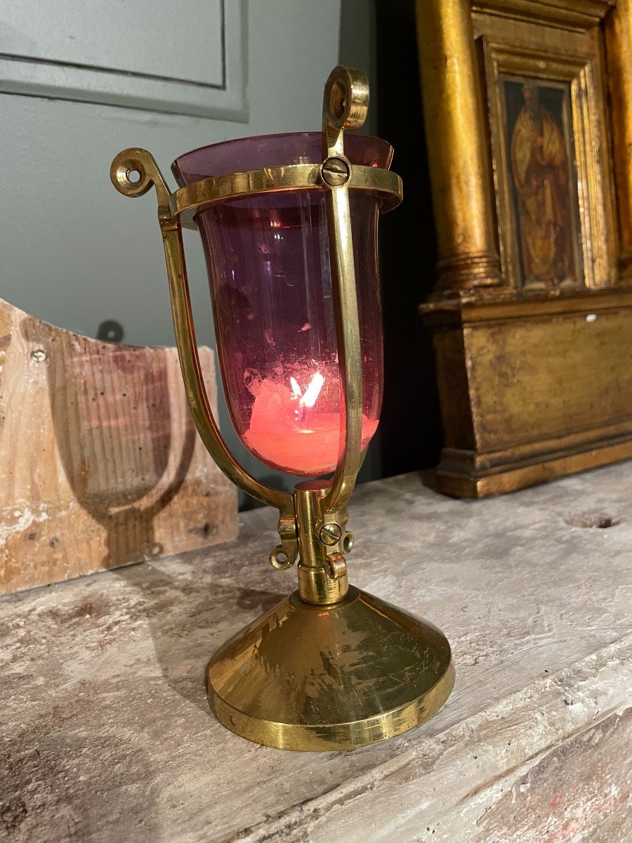 Altar Night Light, In Golden Metal And Red Tinted Glass.-photo-4