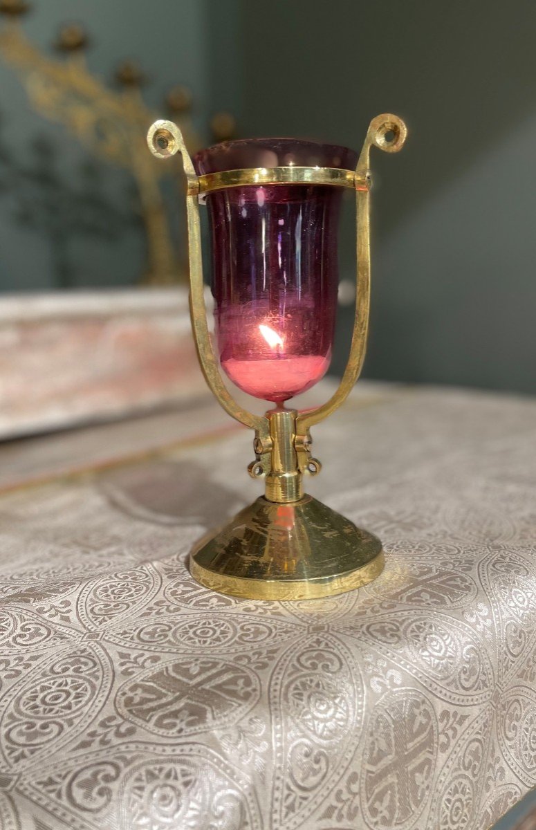 Altar Night Light, In Golden Metal And Red Tinted Glass.-photo-3