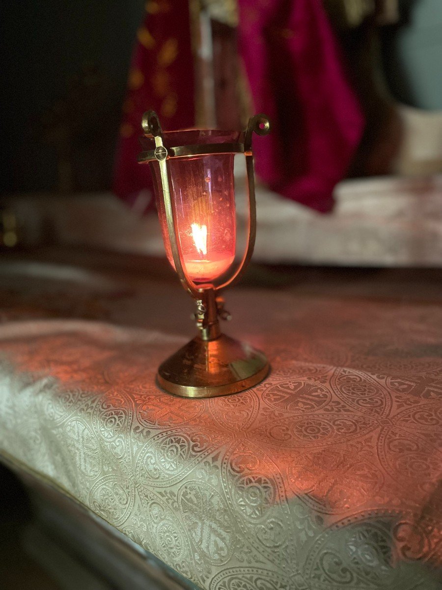 Altar Night Light, In Golden Metal And Red Tinted Glass.