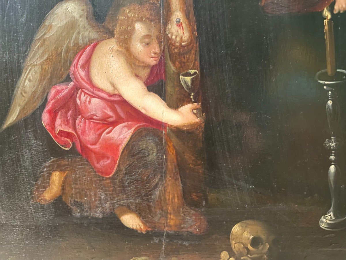 Crucifixion Aux Trois Anges - Huile Sur Bois -XVIIe-photo-4