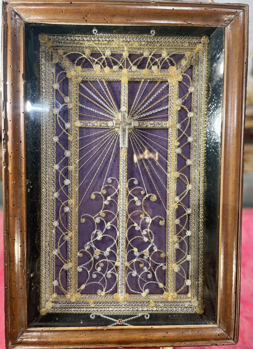 Original Reliquary Of The Holy Cross In Spun Glass - 19th Century-photo-4