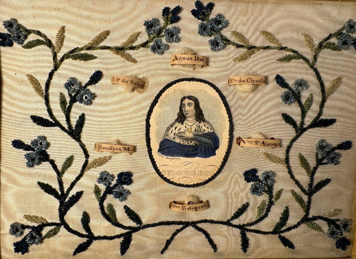 Reliquary On Embroidered Silk - Mid 19th Century-photo-2