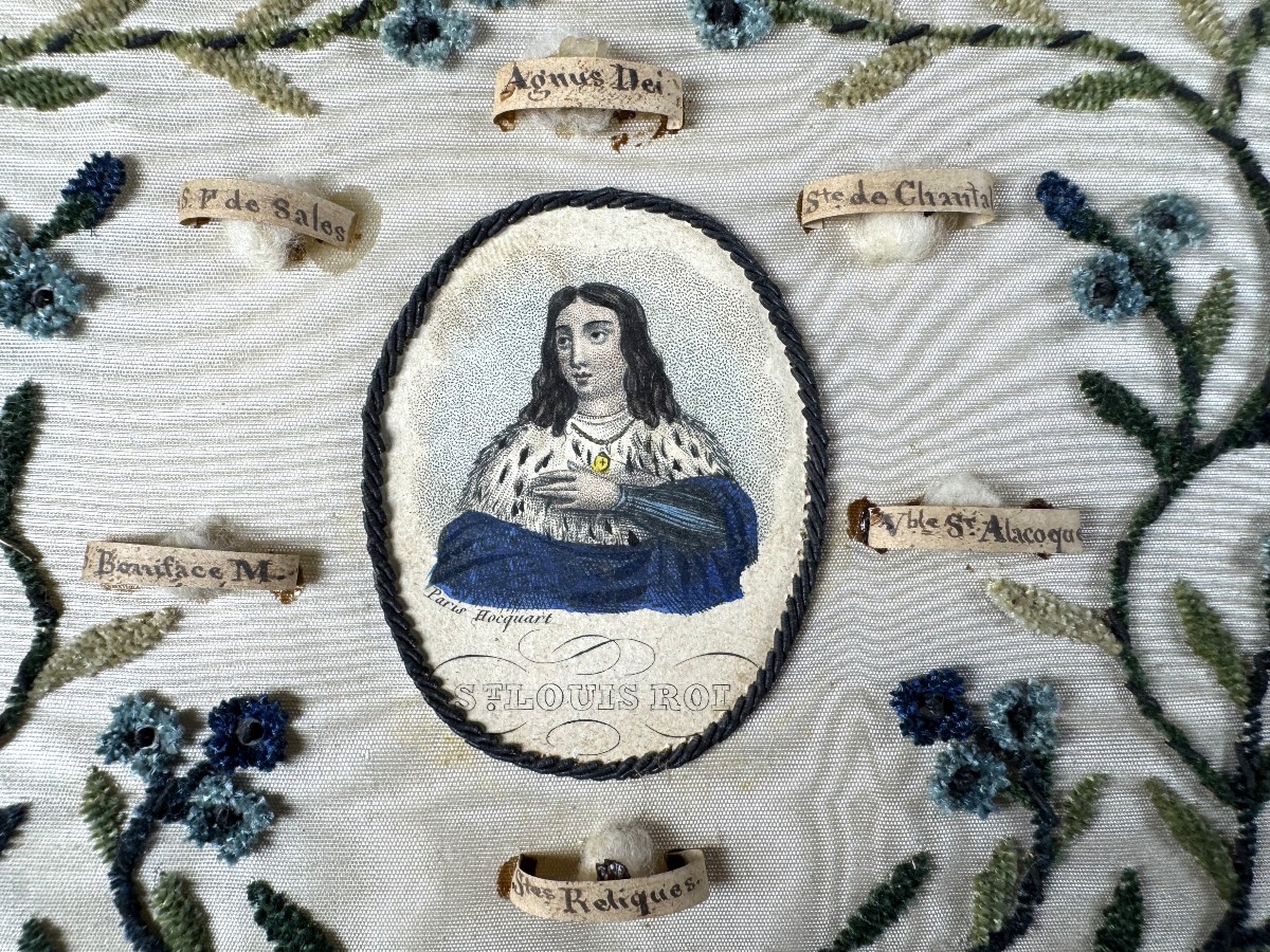 Reliquaire  à l'effigie de Saint Louis Sur Soie Brodée - Mi XIXe-photo-2