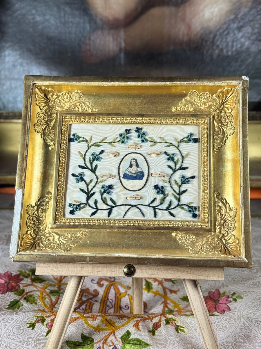 Reliquaire  à l'effigie de Saint Louis Sur Soie Brodée - Mi XIXe-photo-3