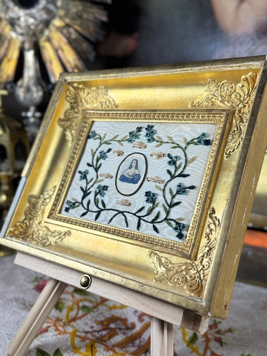 Reliquaire  à l'effigie de Saint Louis Sur Soie Brodée - Mi XIXe-photo-4