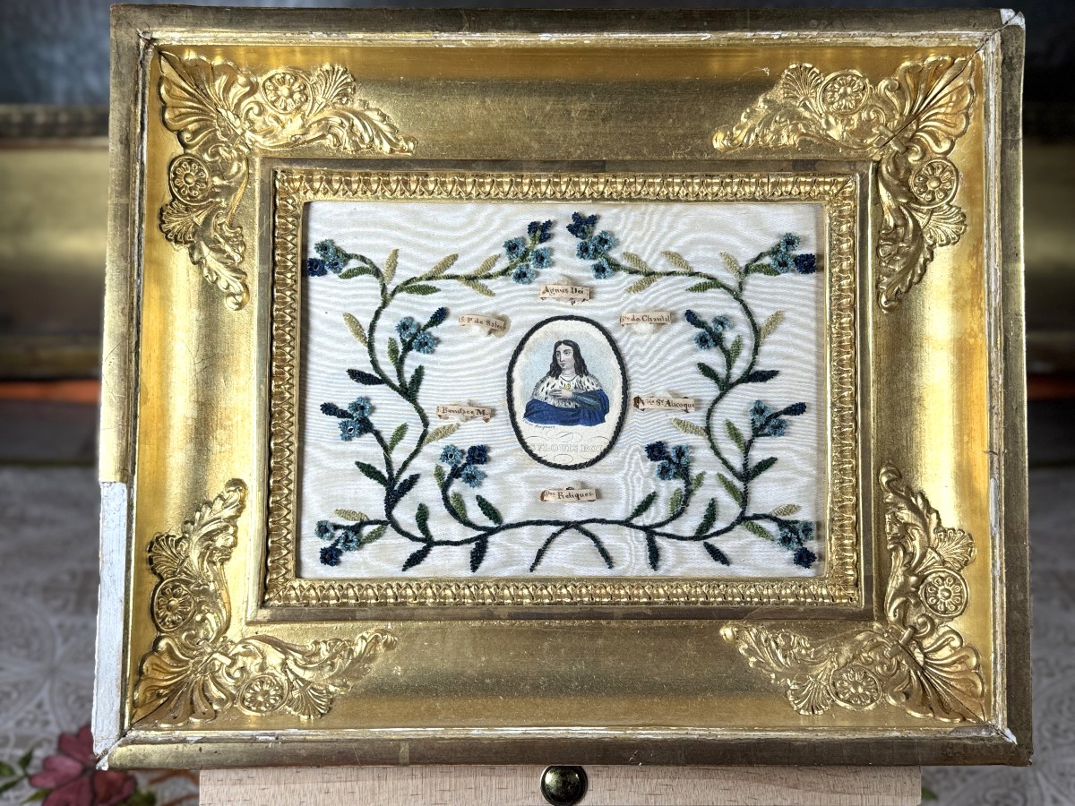 Reliquaire  à l'effigie de Saint Louis Sur Soie Brodée - Mi XIXe