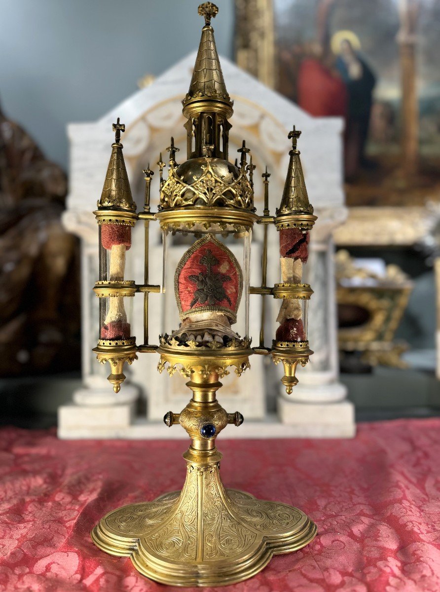 Monstrance Neo-gothic Reliquary With Three Cylinders – 19th Century