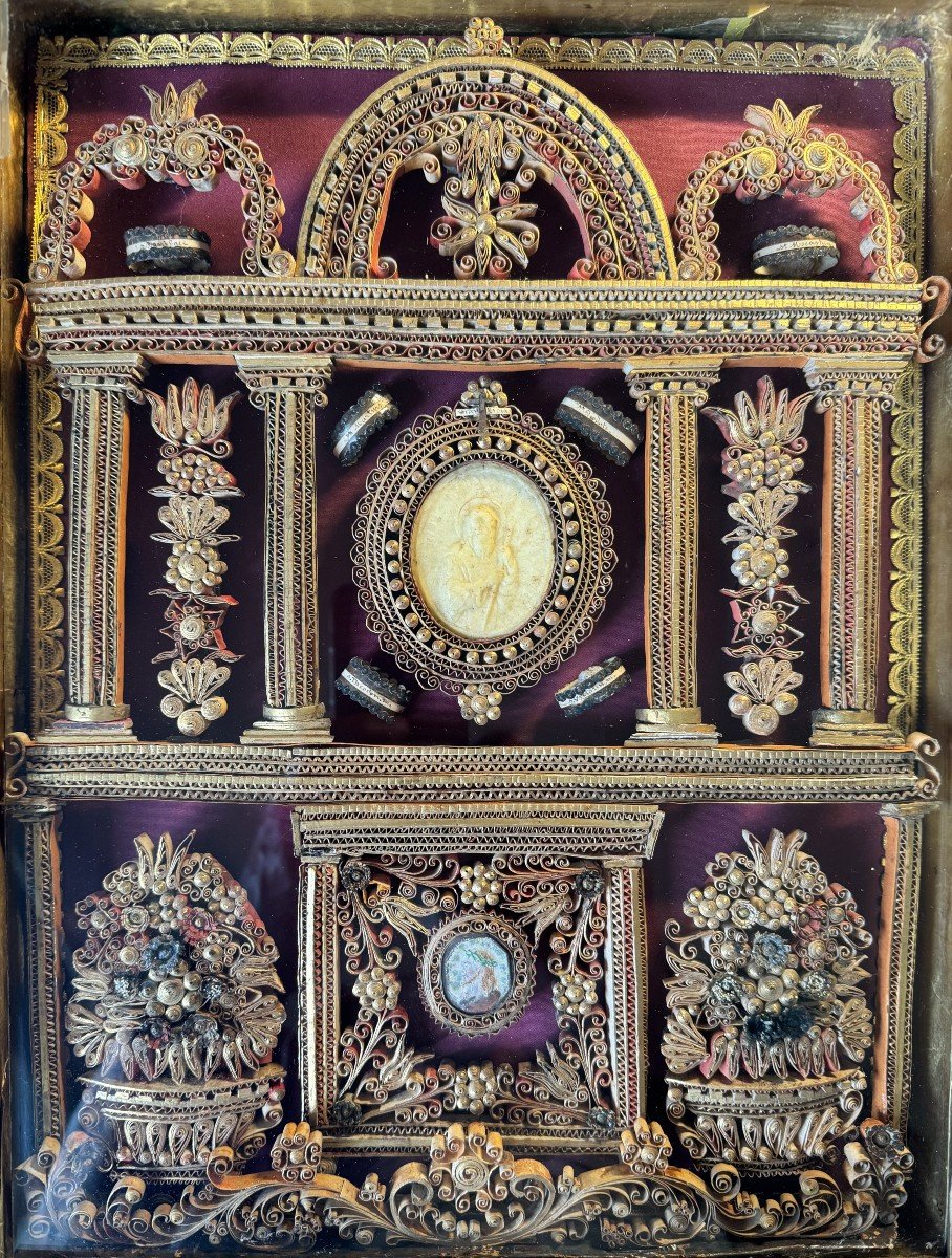 Large Paperolles Reliquary With Tabernacle Decor - Early 19th Century-photo-4