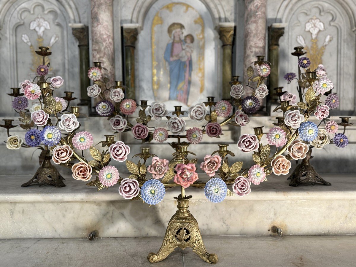 Set Of Marian Candelabra With 54 Porcelain Flowers - 19th Century-photo-2