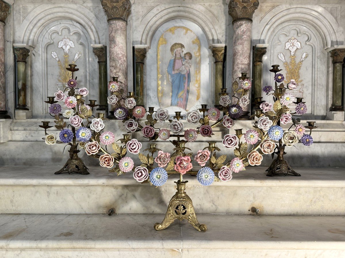 Set Of Marian Candelabra With 45 Porcelain Flowers - 19th Century-photo-3