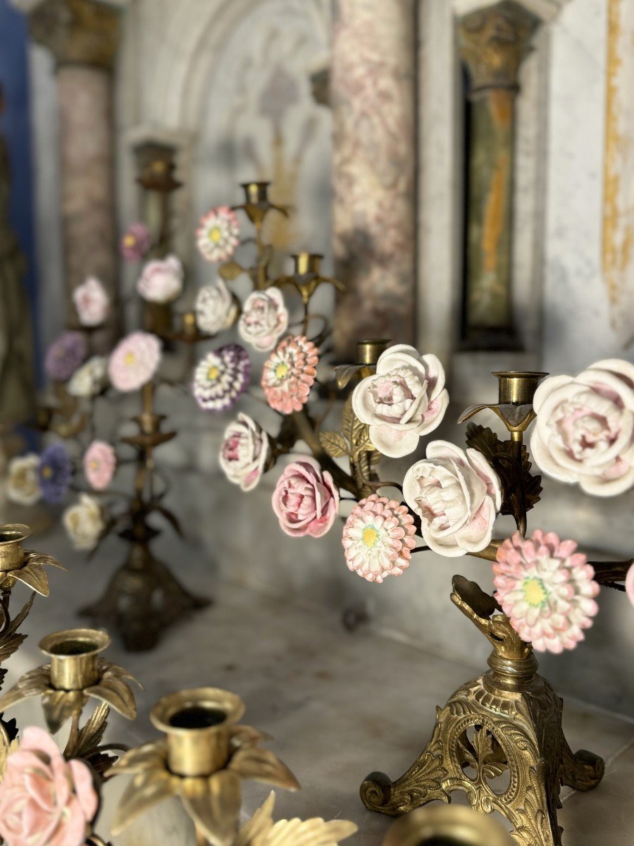 Set Of Marian Candelabra With 45 Porcelain Flowers - 19th Century-photo-4