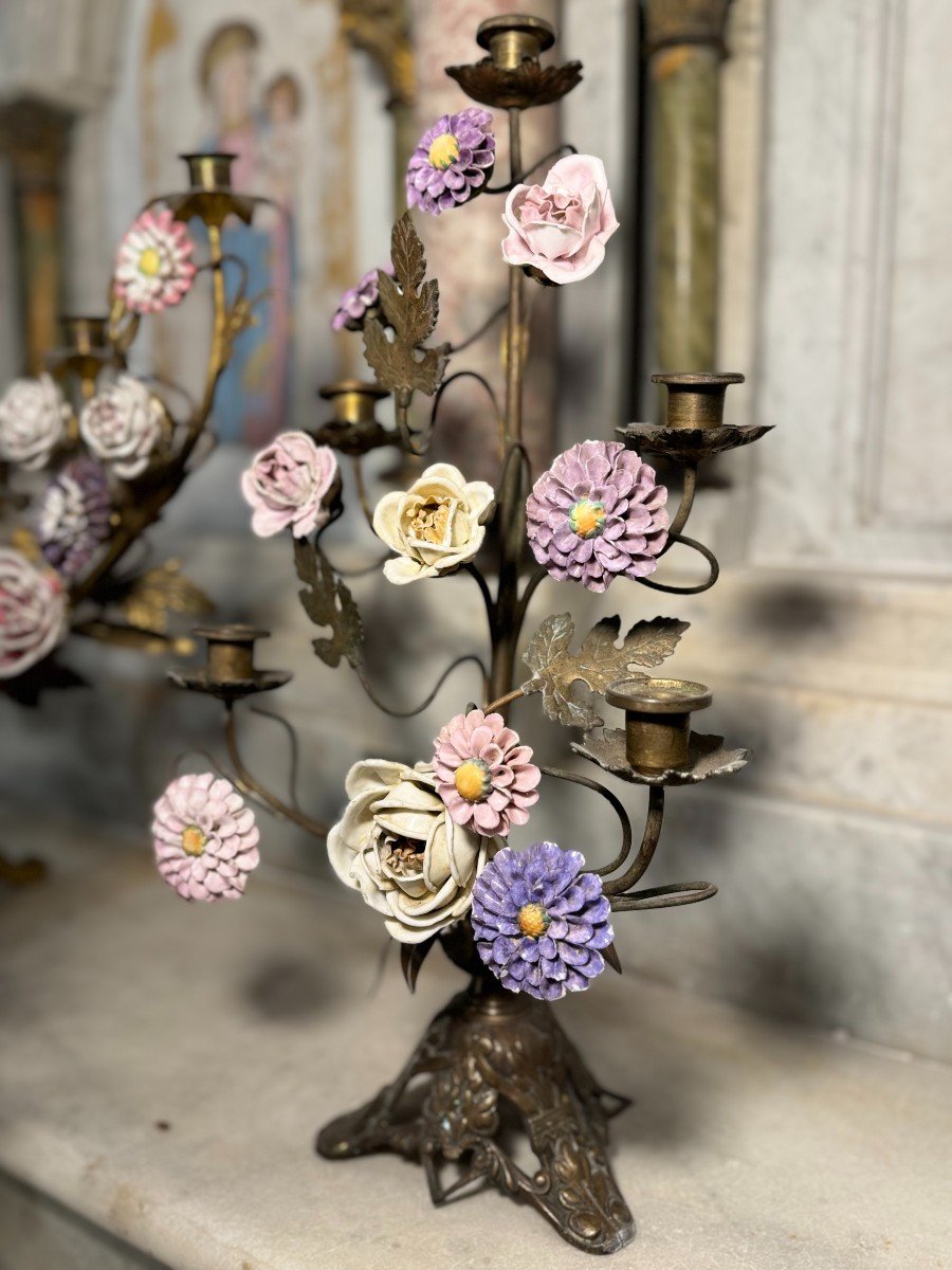 Set Of Marian Candelabra With 54 Porcelain Flowers - 19th Century-photo-3