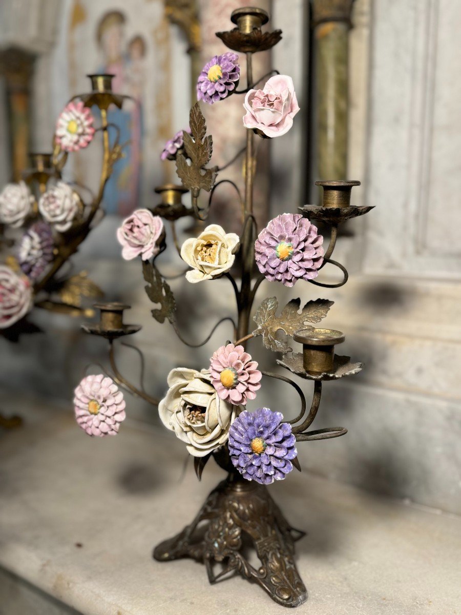 Set Of Marian Candelabra With 45 Porcelain Flowers - 19th Century-photo-3