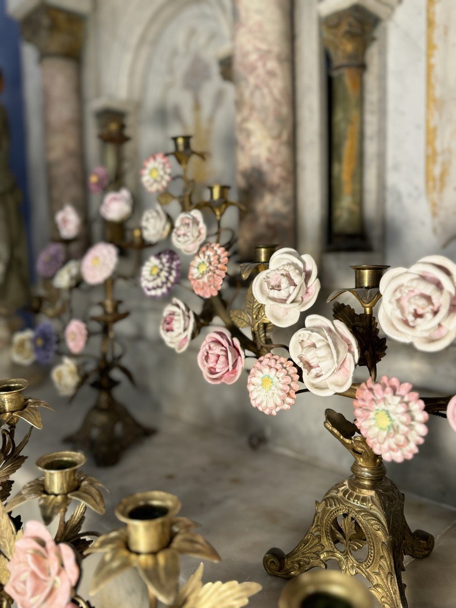 Set Of Marian Candelabra With 54 Porcelain Flowers - 19th Century-photo-4