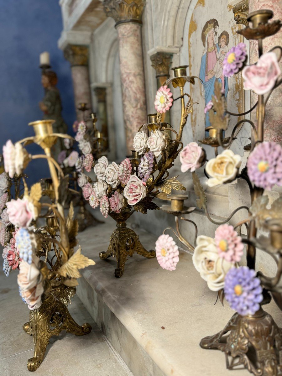 Set Of Marian Candelabra With 54 Porcelain Flowers - 19th Century-photo-5