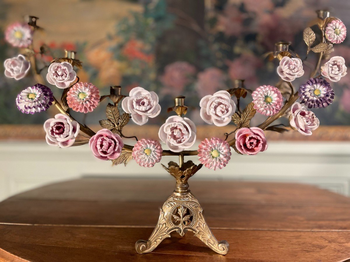 Set Of Marian Candelabra With 54 Porcelain Flowers - 19th Century-photo-8