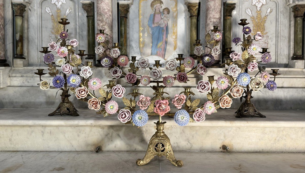 Set Of Marian Candelabra With 54 Porcelain Flowers - 19th Century