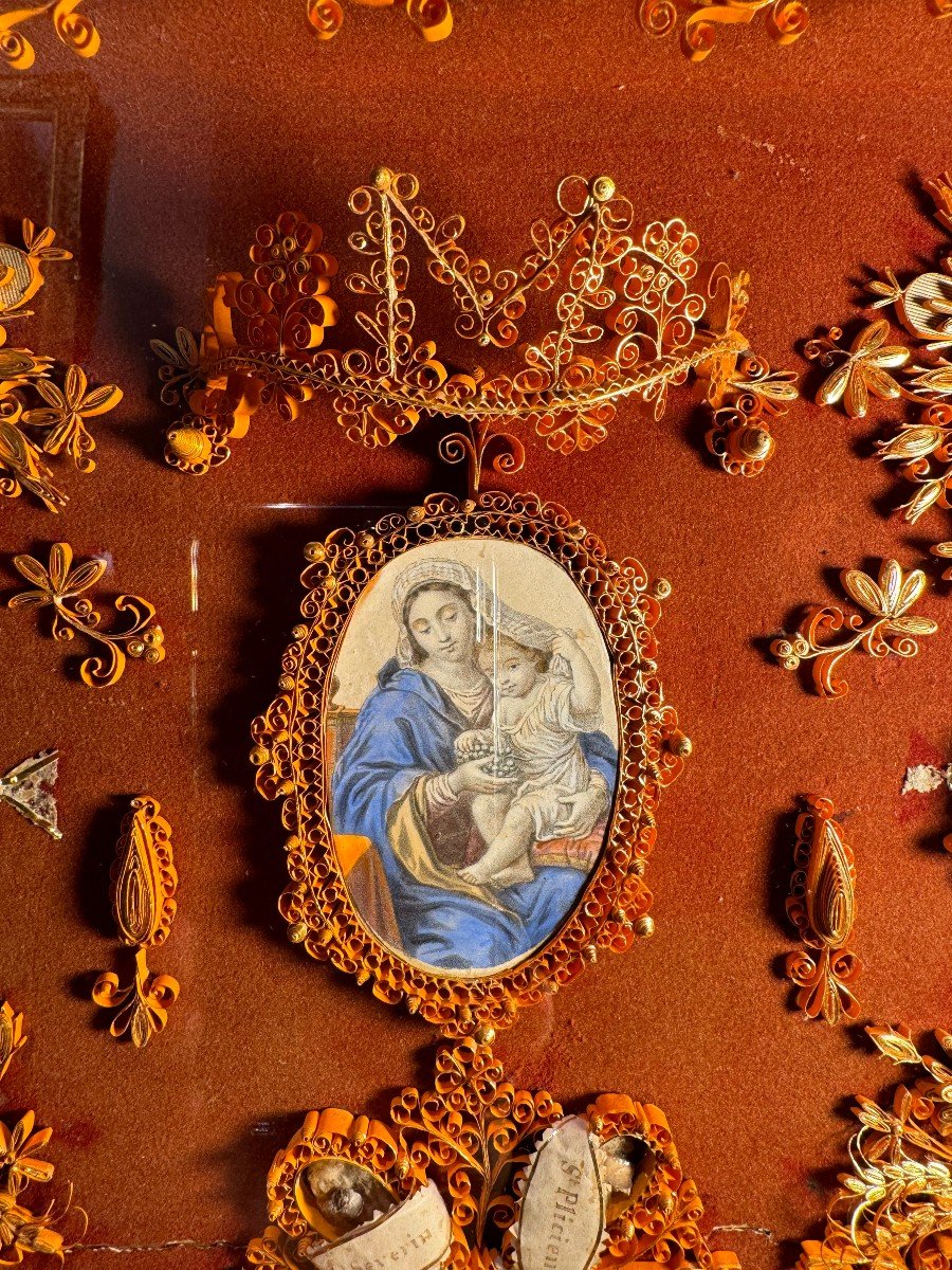 Large Paperolles Reliquary - Virgin And Child - 19th Century-photo-3