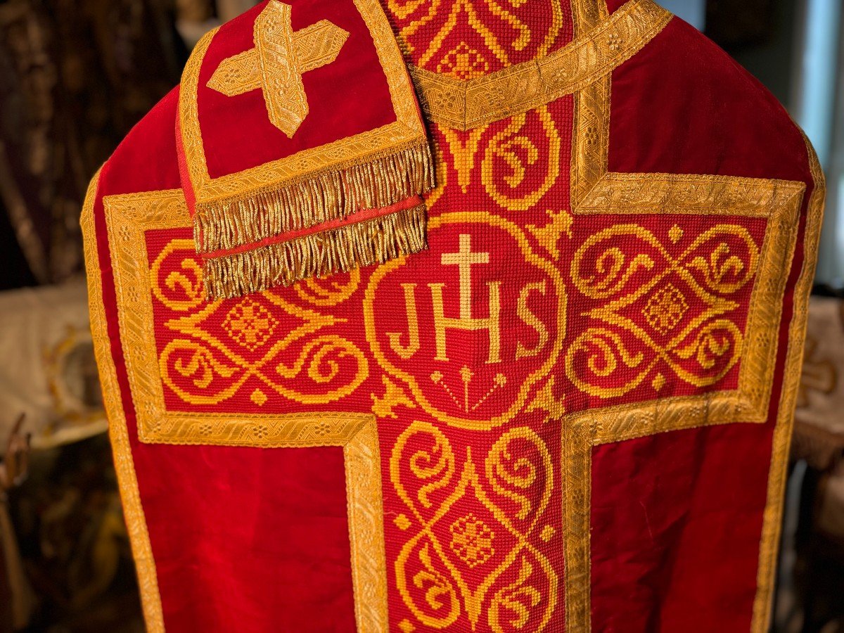 Red Velvet Chasuble And Ornamental Part - Late 19th Century-photo-4