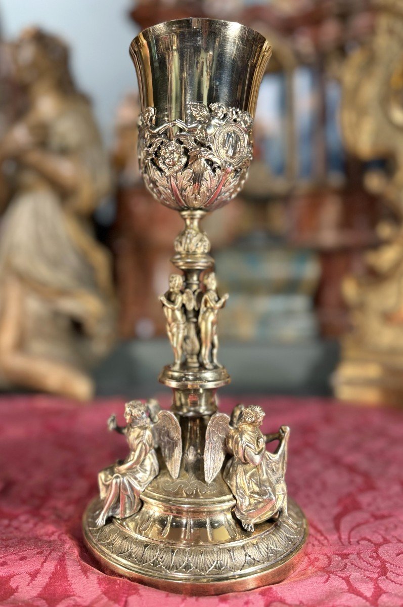 Large Silver And Bronze Chalice With Symbols Of The Passion – 19th Century -photo-3