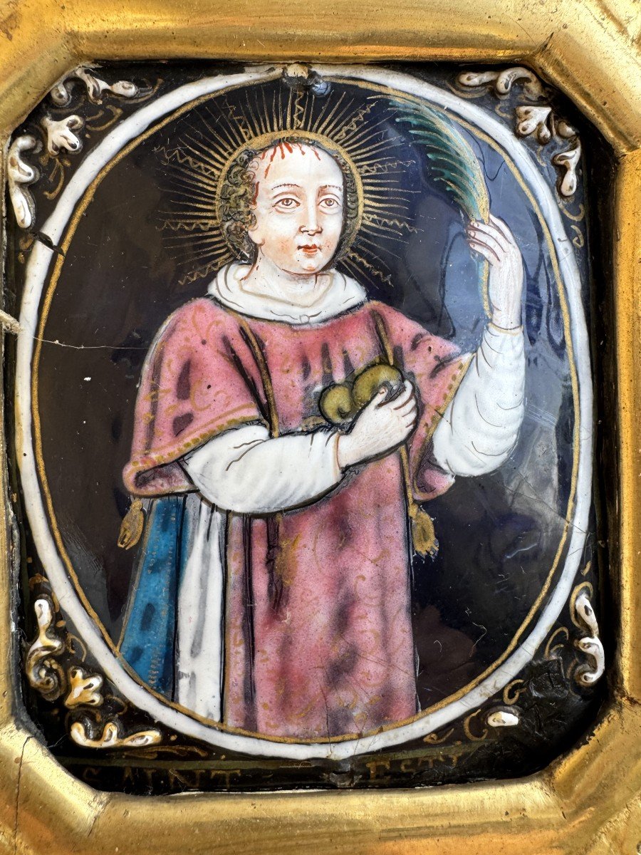 Set Of Three Limoges Enamels On Holy Water Font Panel - Late 17th Early 18th Century -photo-2
