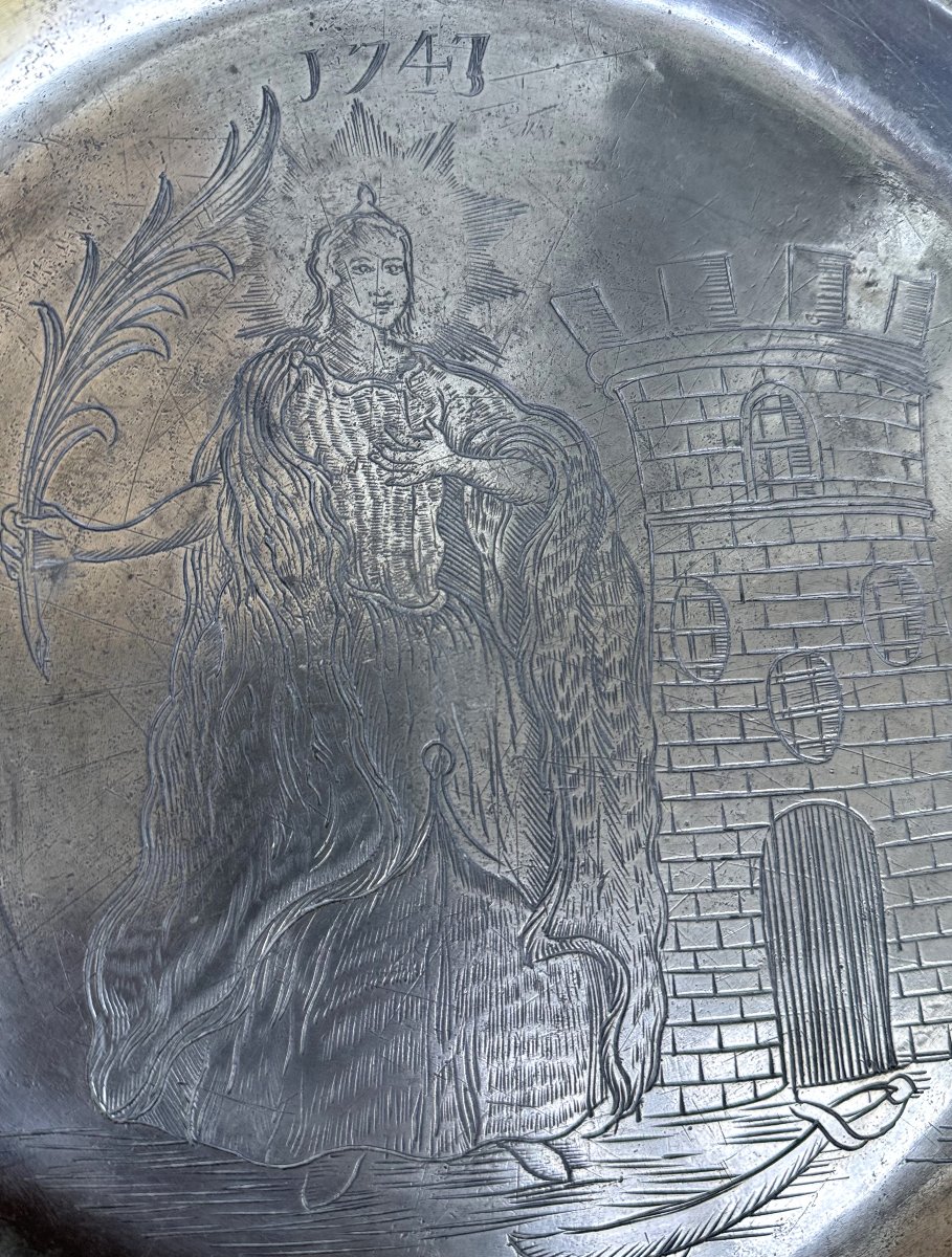 Pewter Dish With Engraved Decoration Of Saint Barbara - 1747 -photo-3