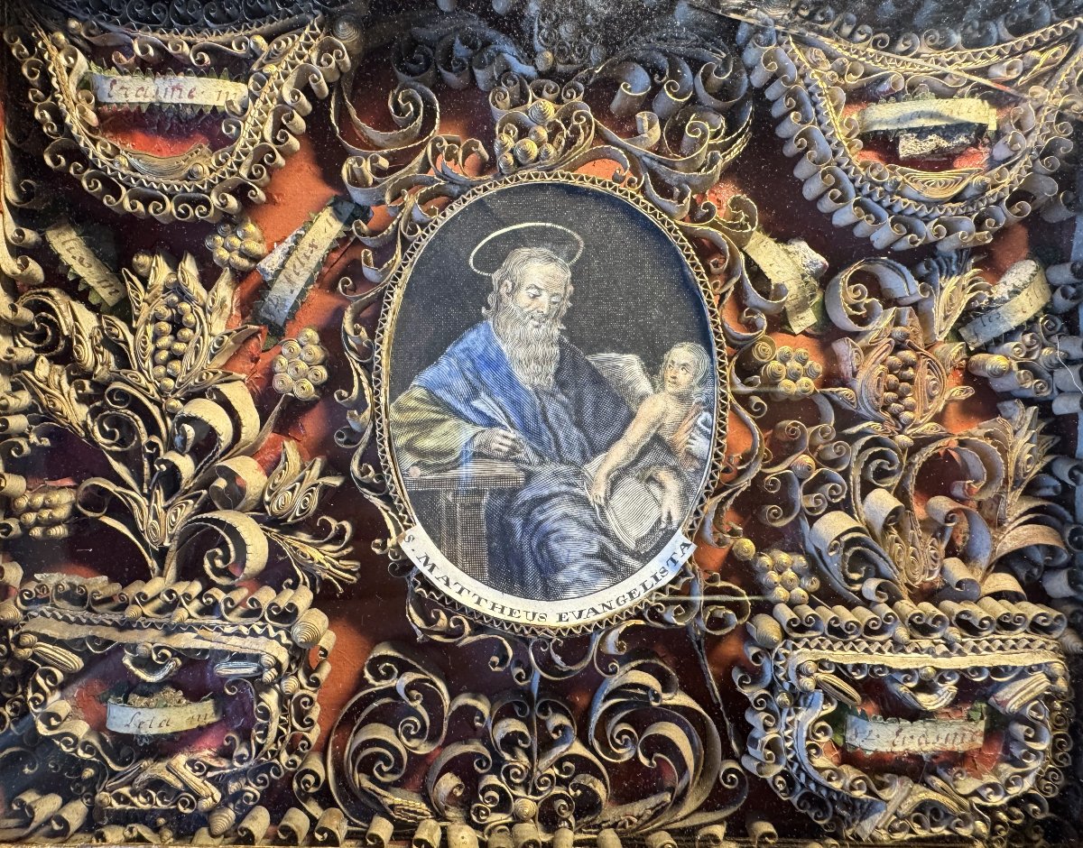 Reliquary Painting With Paperolles Decor And Eight Relics - 18th Century -photo-4