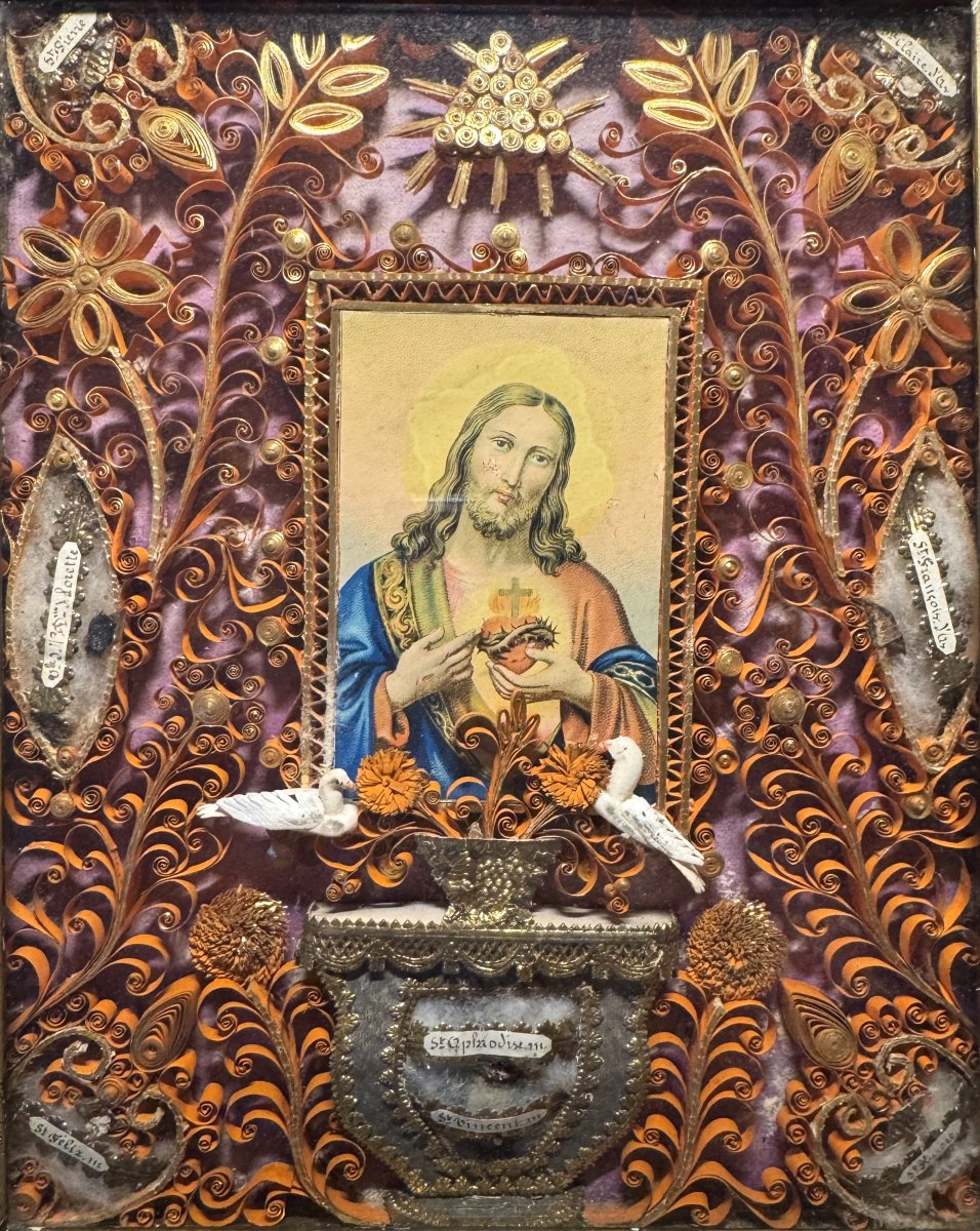 Reliquaire paperolles Sacré Cœur de Jésus - XIXe -photo-2