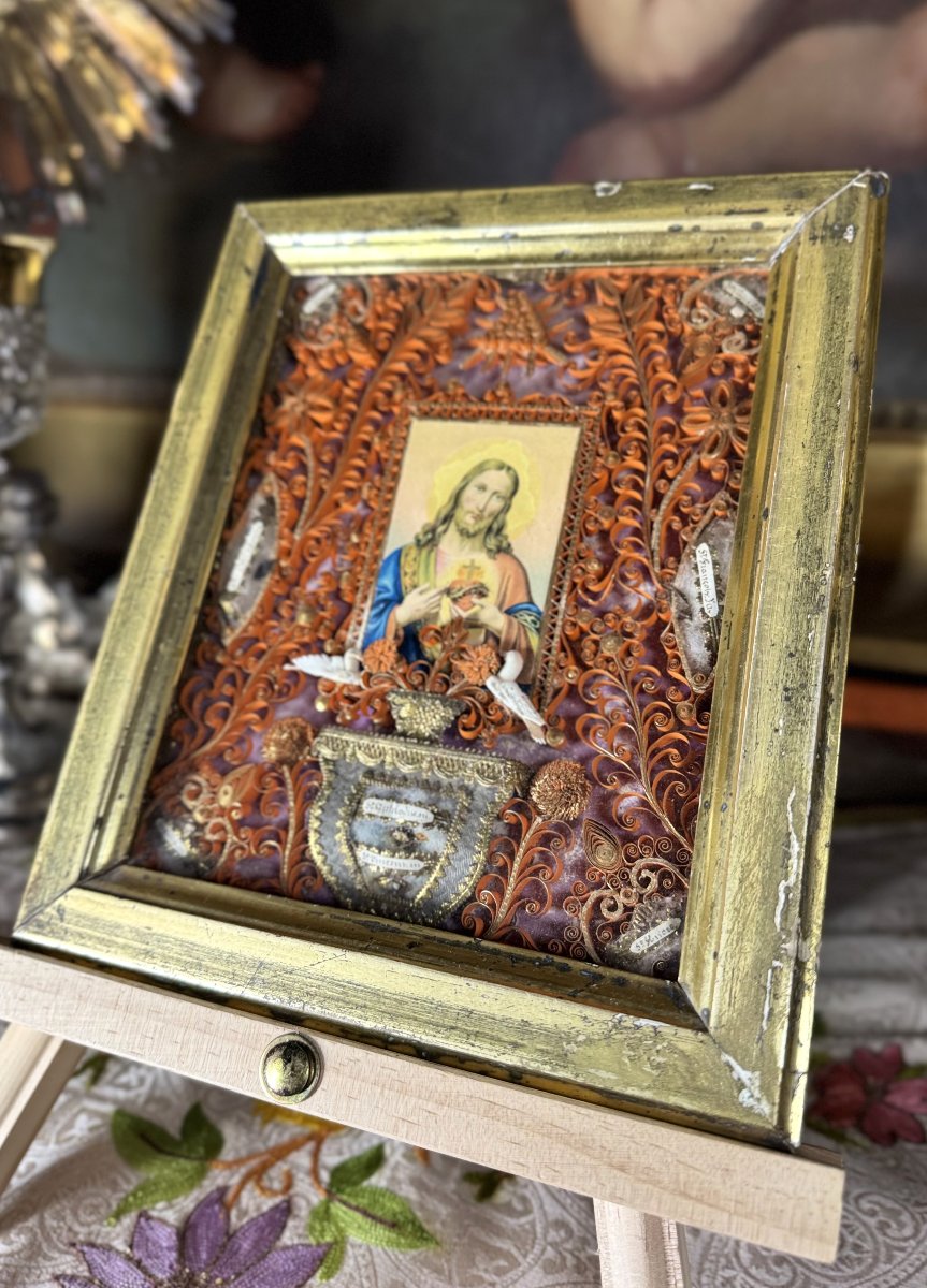 Reliquaire paperolles Sacré Cœur de Jésus - XIXe -photo-4
