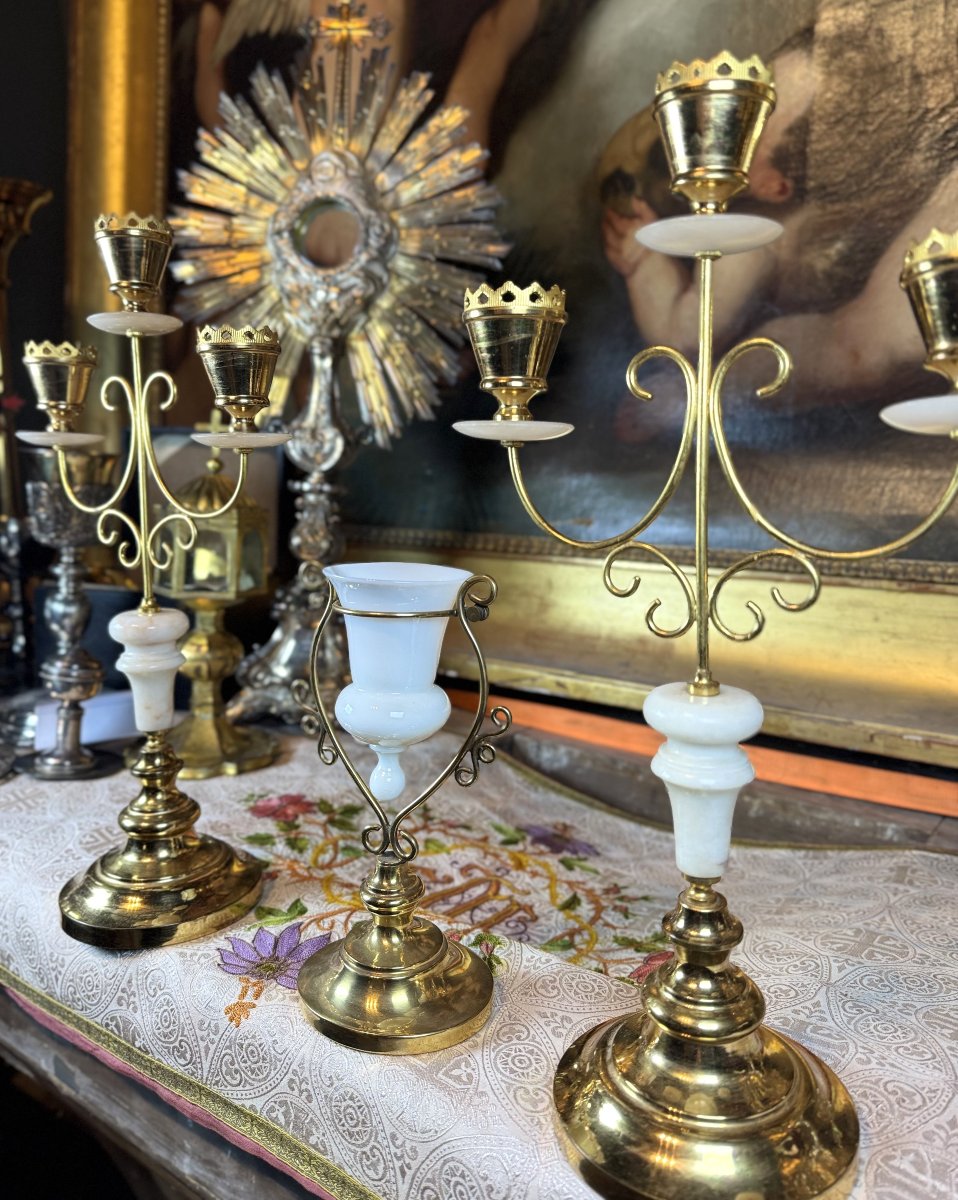 Sanctuary Lamp And Its Two Candelabras - 20th Century -photo-2