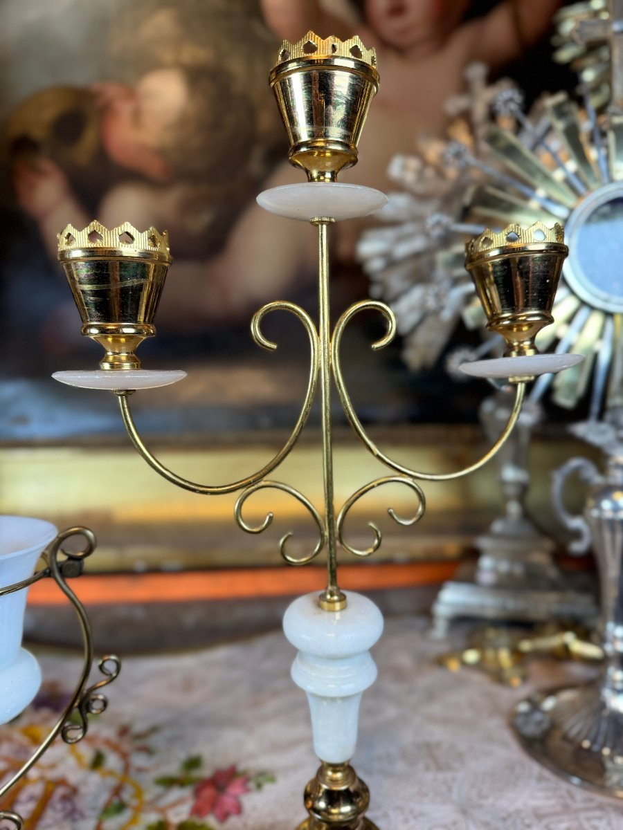 Sanctuary Lamp And Its Two Candelabras - 20th Century -photo-3