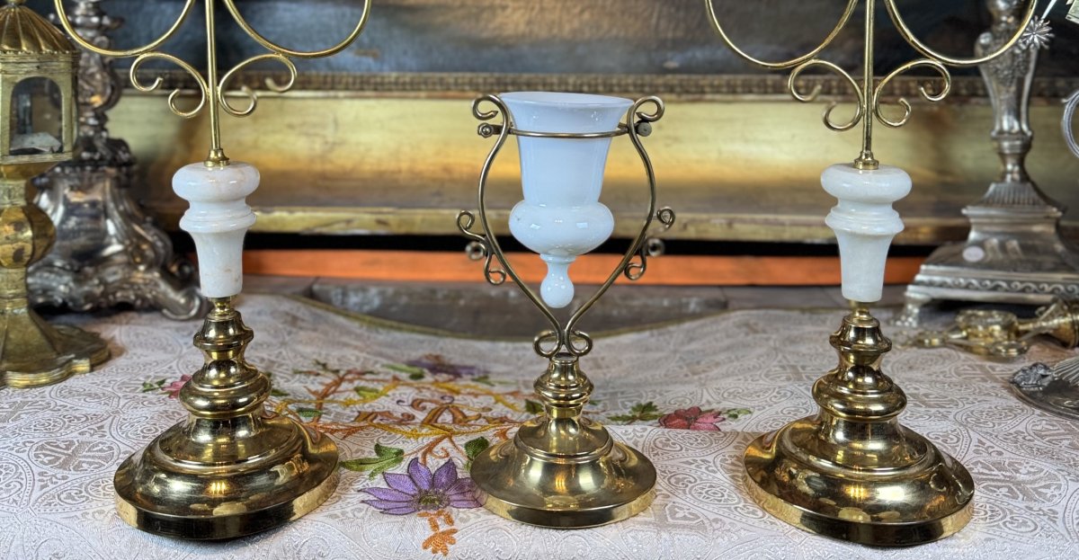 Sanctuary Lamp And Its Two Candelabras - 20th Century -photo-1