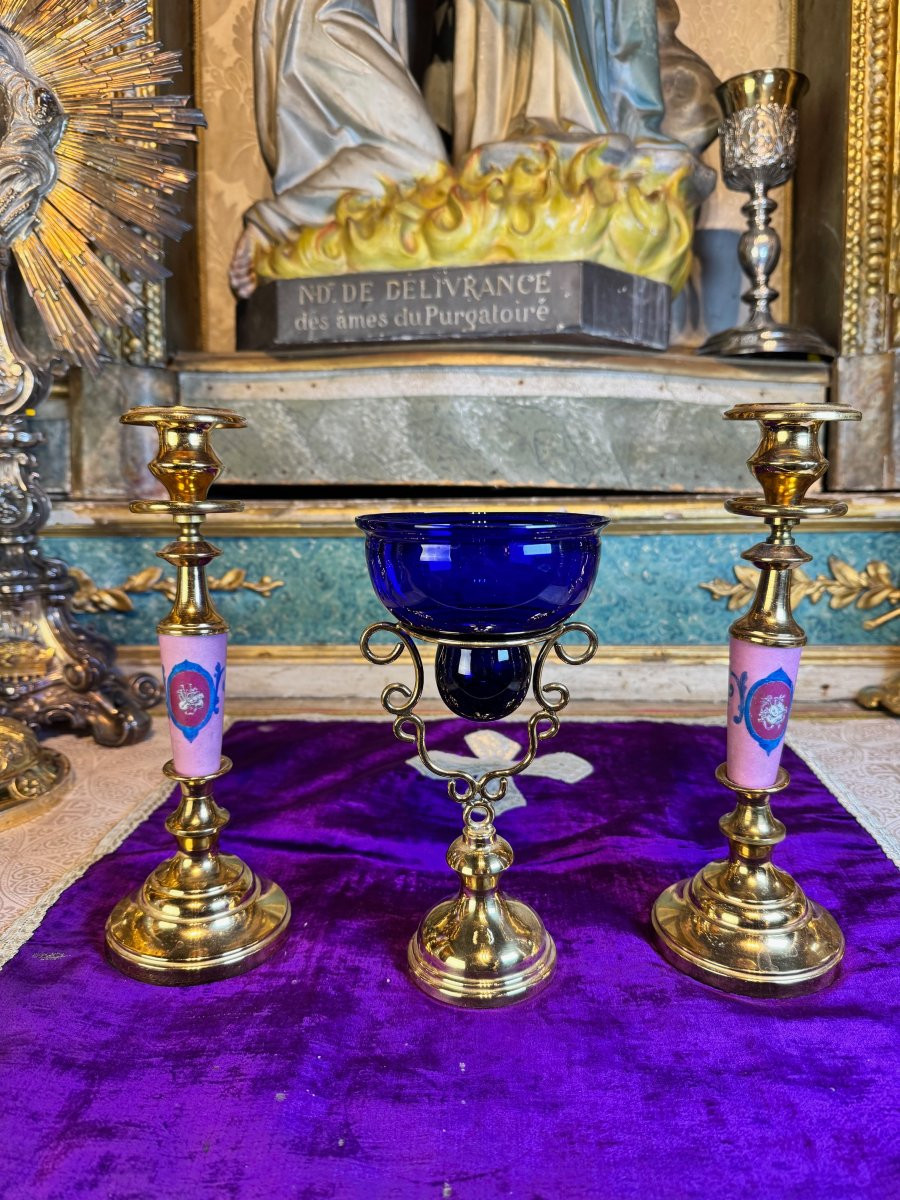 Lampe de sanctuaire et deux chandeliers - XIXe-photo-2