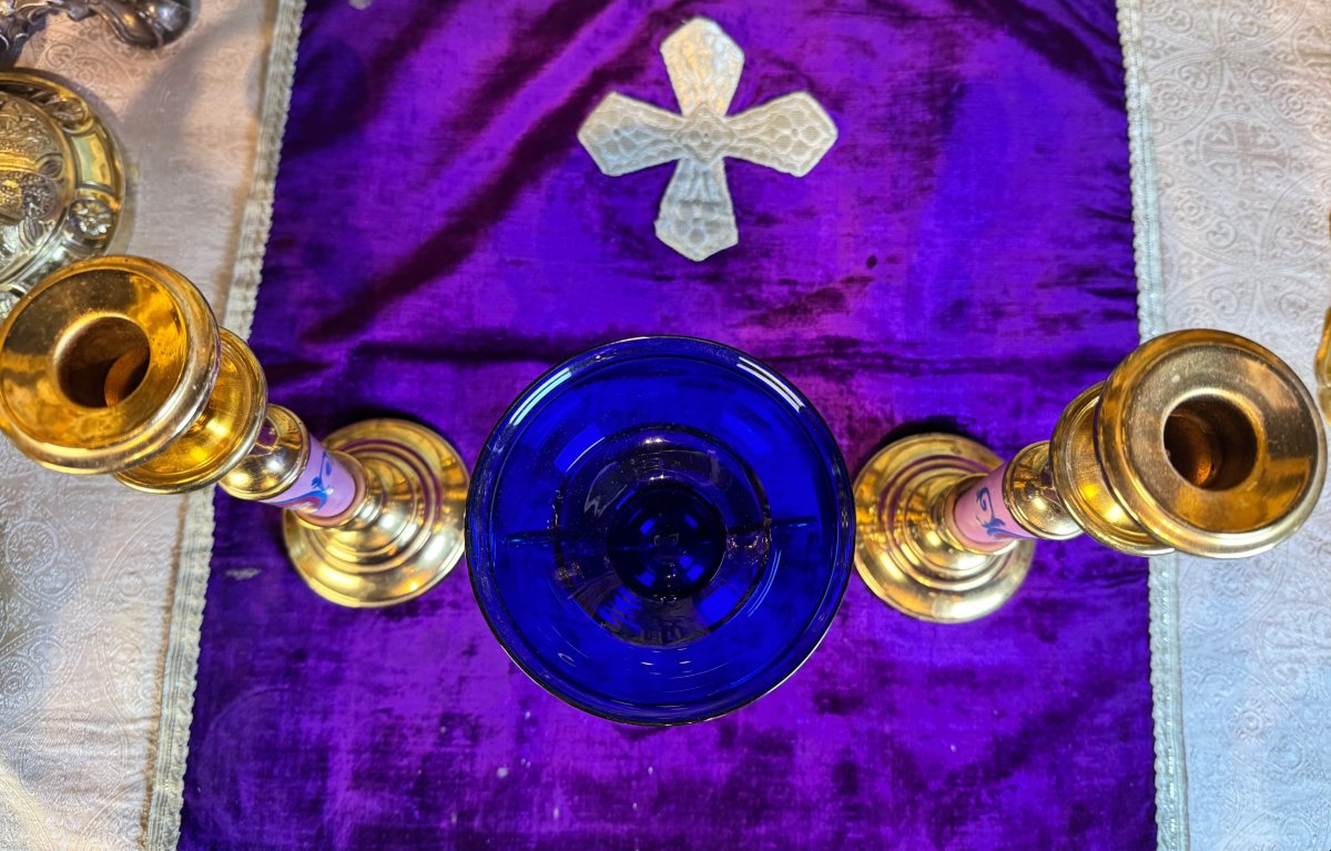 Lampe de sanctuaire et deux chandeliers - XIXe-photo-2