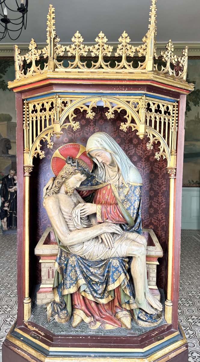 Imposing Wooden Pietà In An Altarpiece - Circa 1890-photo-4