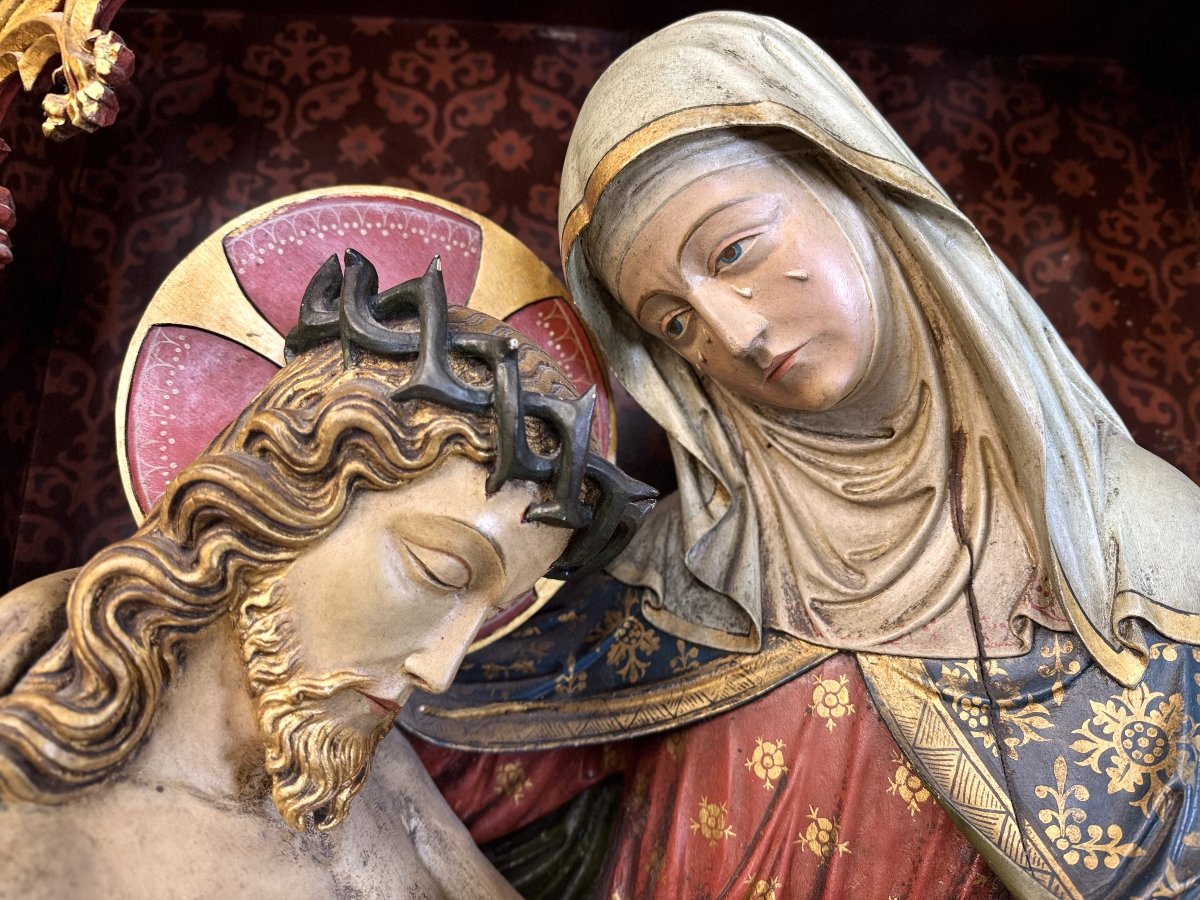 Imposing Wooden Pietà In An Altarpiece - Circa 1890-photo-4