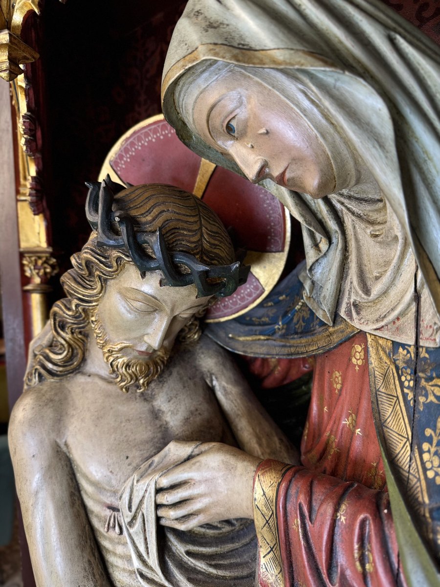 Imposing Wooden Pietà In An Altarpiece - Circa 1890-photo-5