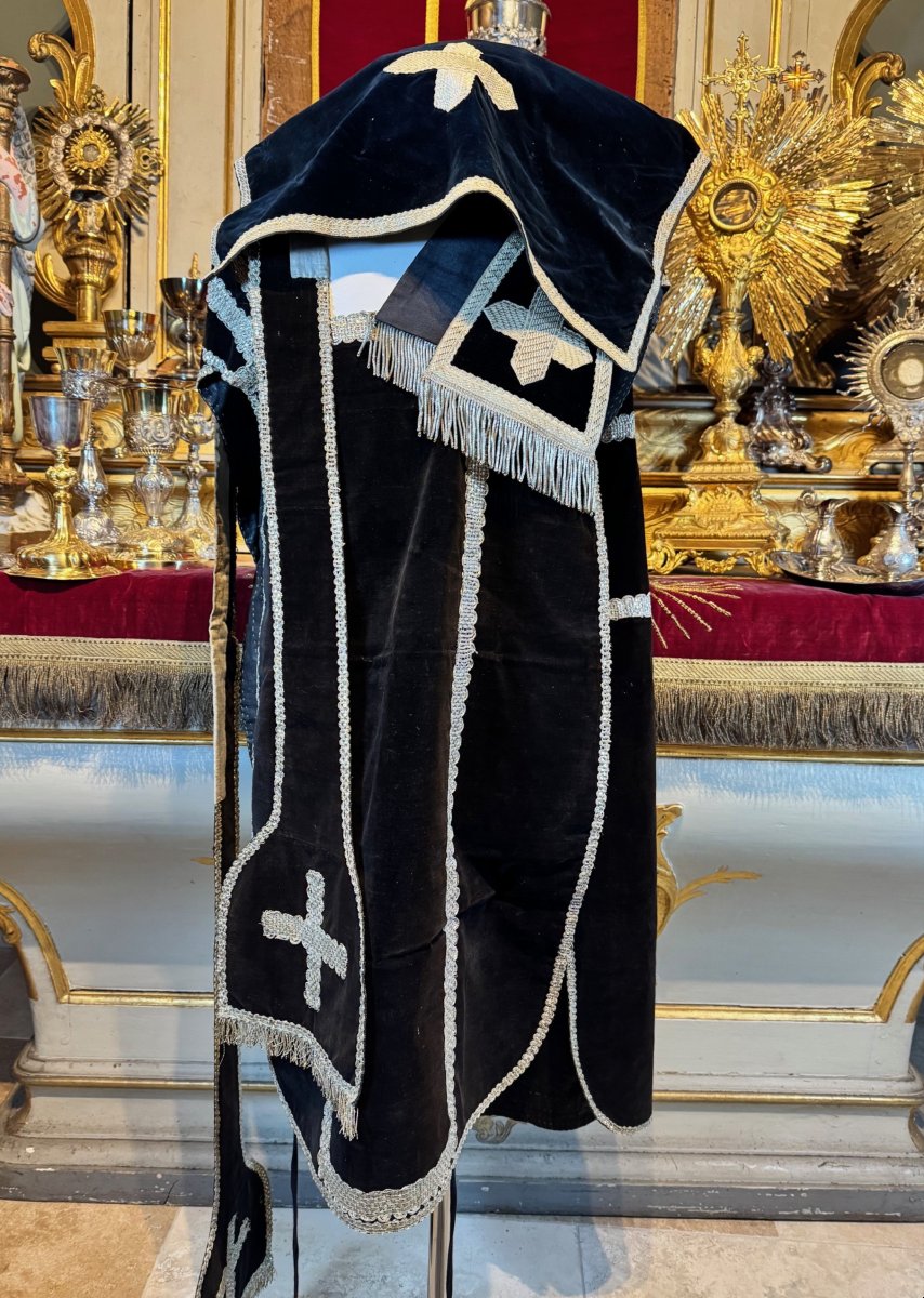 Black Velvet Chasuble Stole With Veil And Purse - Late 19th Century-photo-3