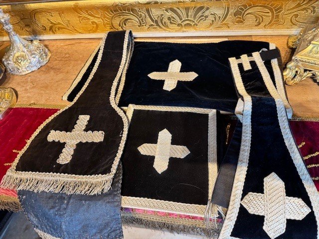 Black Velvet Chasuble Stole With Veil And Purse - Late 19th Century-photo-3