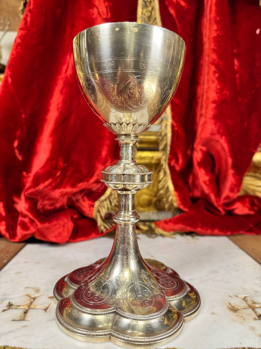 Neo-gothic Silver Chalice And Paten - 19th Century