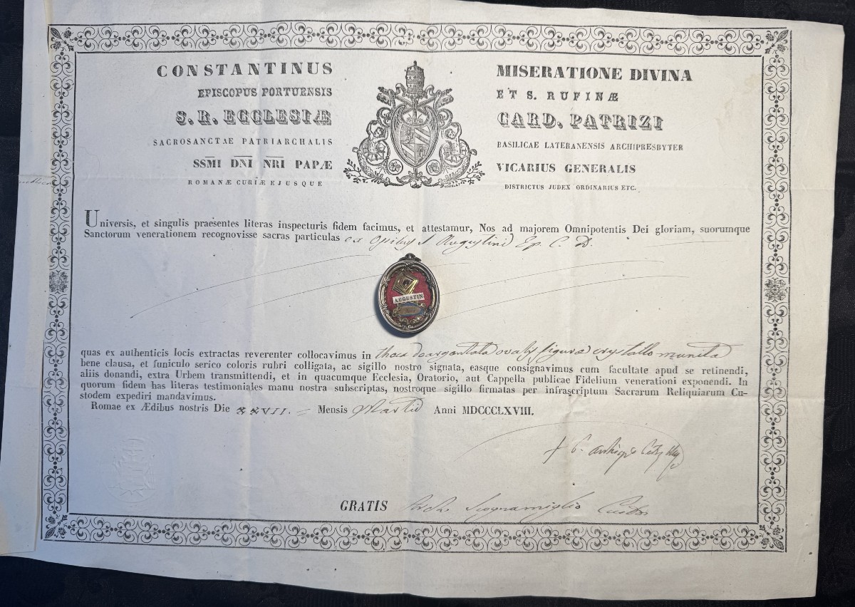 Relic Of Saint Augustine And Its Authentic - 19th Century