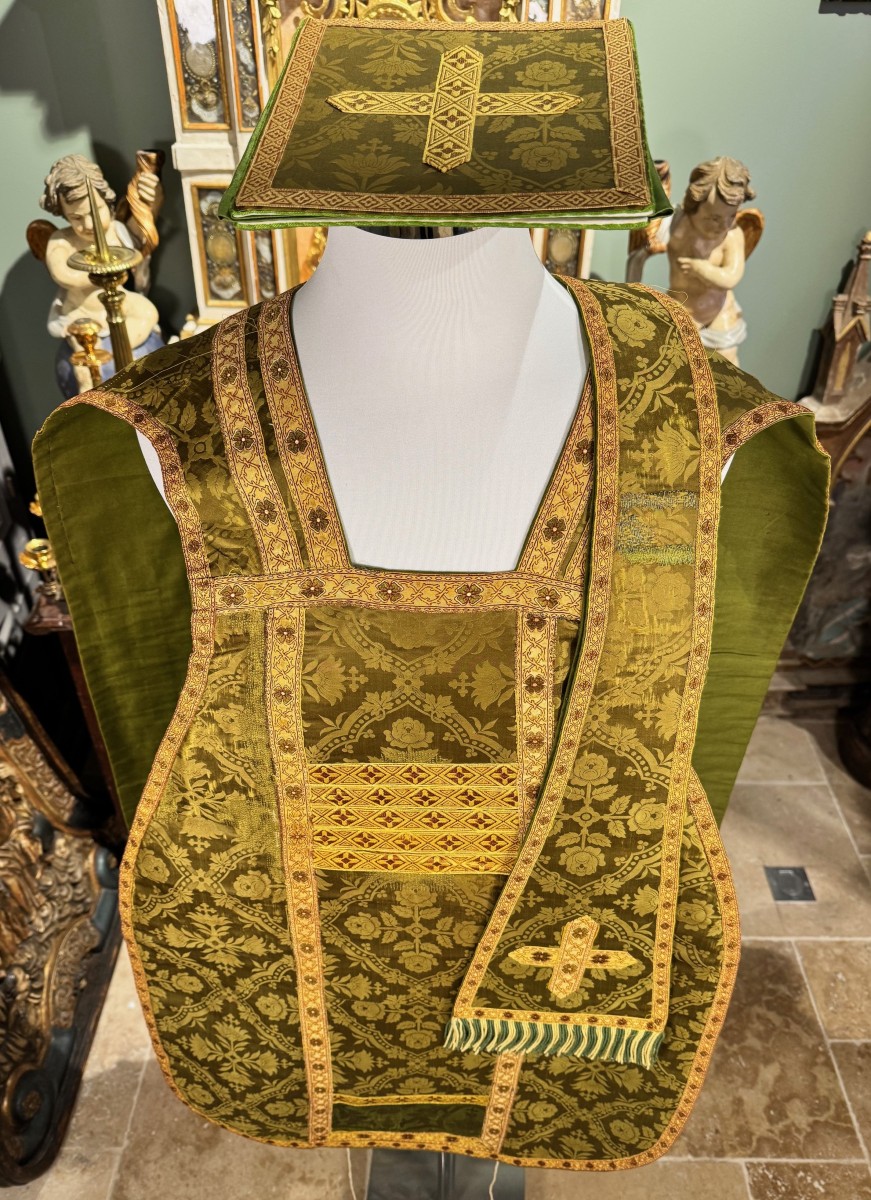 Chasuble Stole And Purse - Green And Gold - Late 19th Century