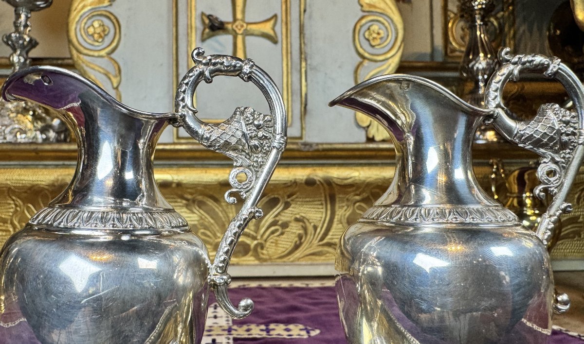 Church Cruets And Washbasin - Solid Silver - 19th Century-photo-3