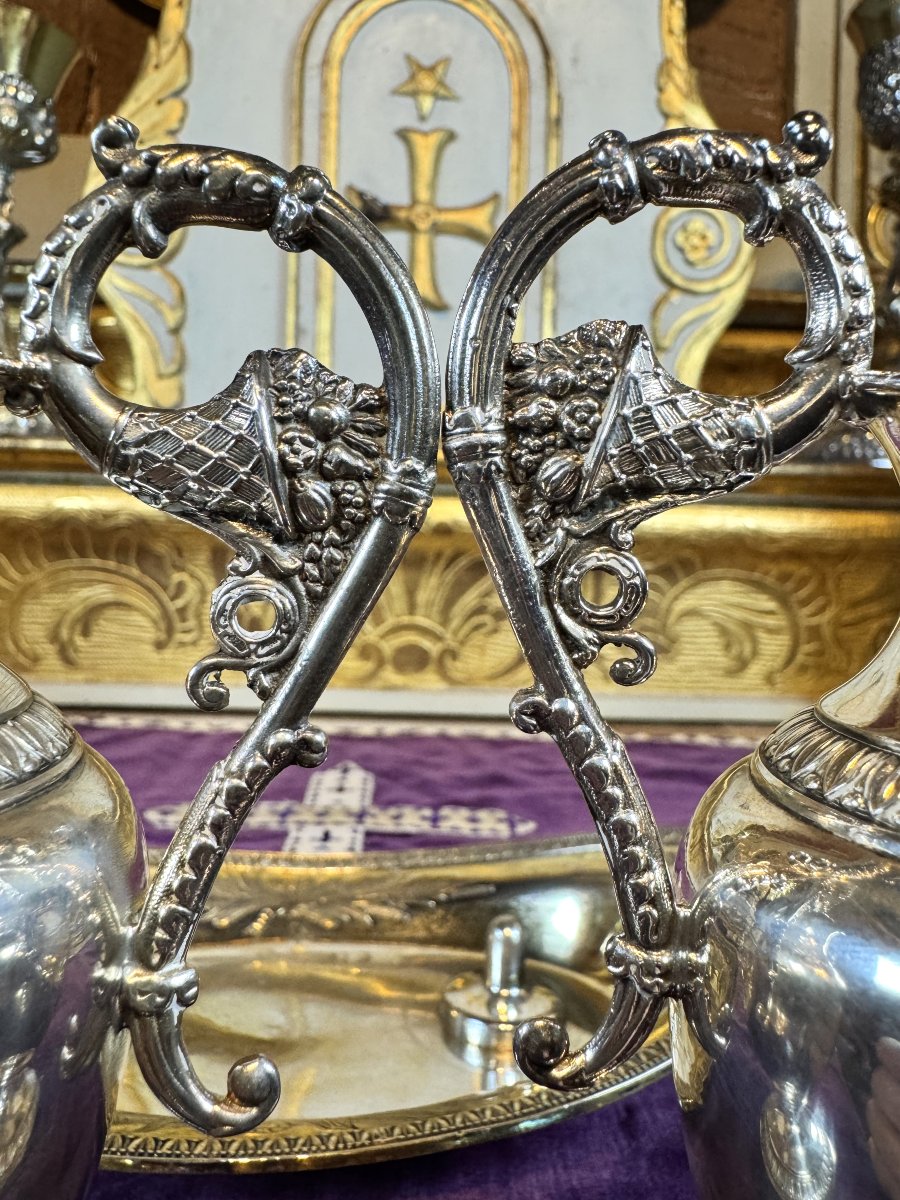 Church Cruets And Washbasin - Solid Silver - 19th Century-photo-5