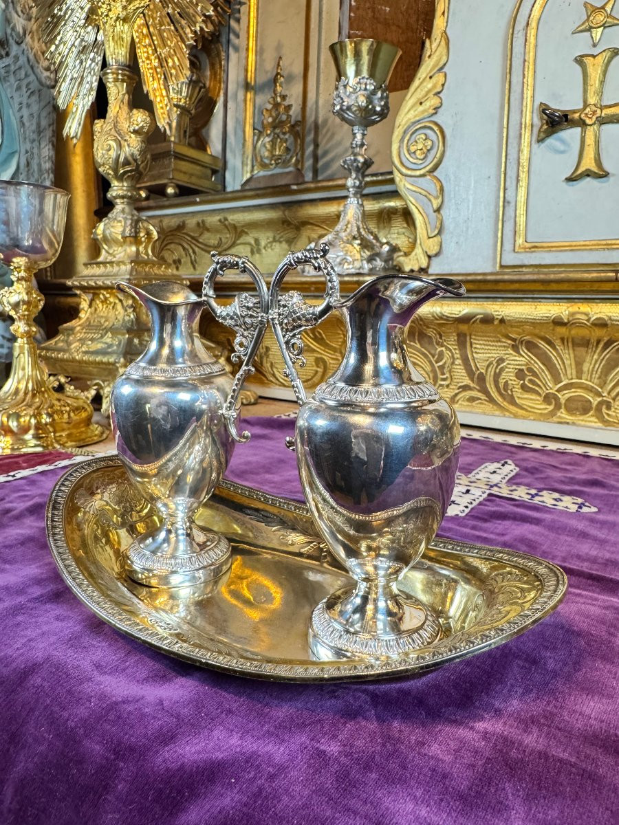 Church Cruets And Washbasin - Solid Silver - 19th Century-photo-6