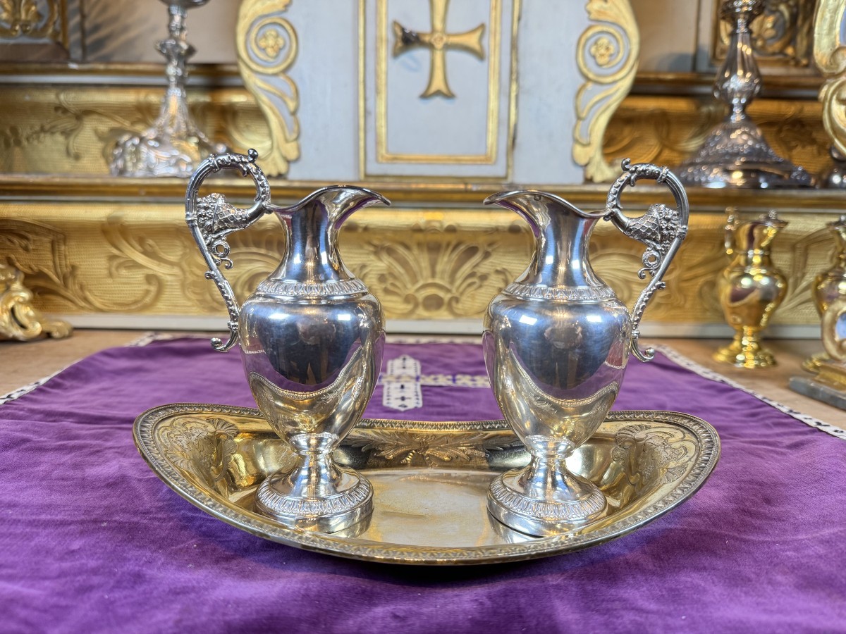 Church Cruets And Washbasin - Solid Silver - 19th Century